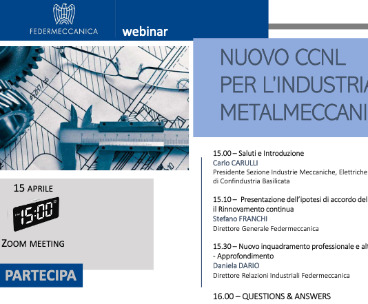 Nuovo contratto metalmeccanica, webinar con Federmeccanica