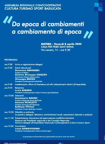 “Da epoca di cambiamenti a cambiamento di epoca”: in programma l’assemblea regionale di Confcooperative Cultura Turismo Sport Basilicata